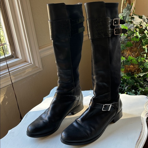 Cole Haan | Cole Haan Tennley Black Leather Knee-High Pull-On Buckle Boots 11B - Picture 14 of 16